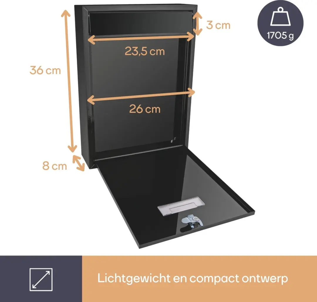 Perel Brievenbus Ibiza Wand 36x26cm - Met slot & 2 sleutels - Zwart