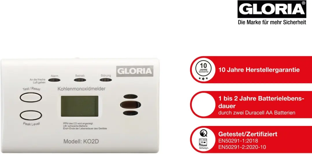 Gloria KO2D Koolmonoxidemelder - 2x AA batterijen
