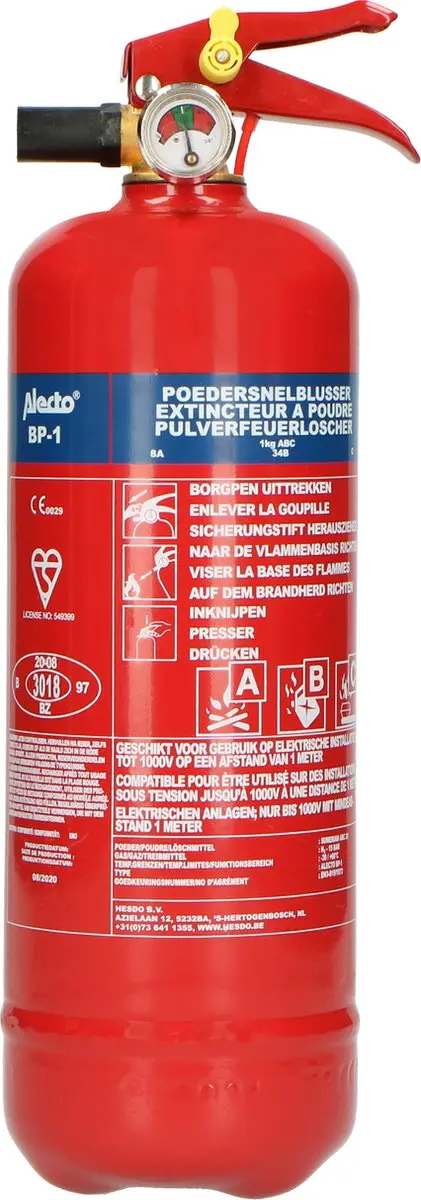 Alecto BP-1 Brandblusser 1kg - Brandklasse ABC - Rood