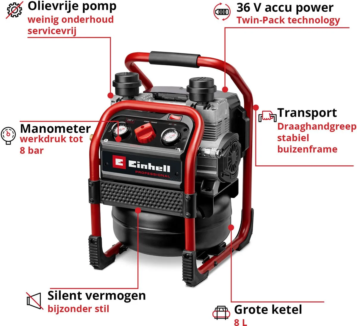 Einhell Accu Compressor SILENZZO 36/210 Solo 4020380 - 8 bar - 8L - 210l/min