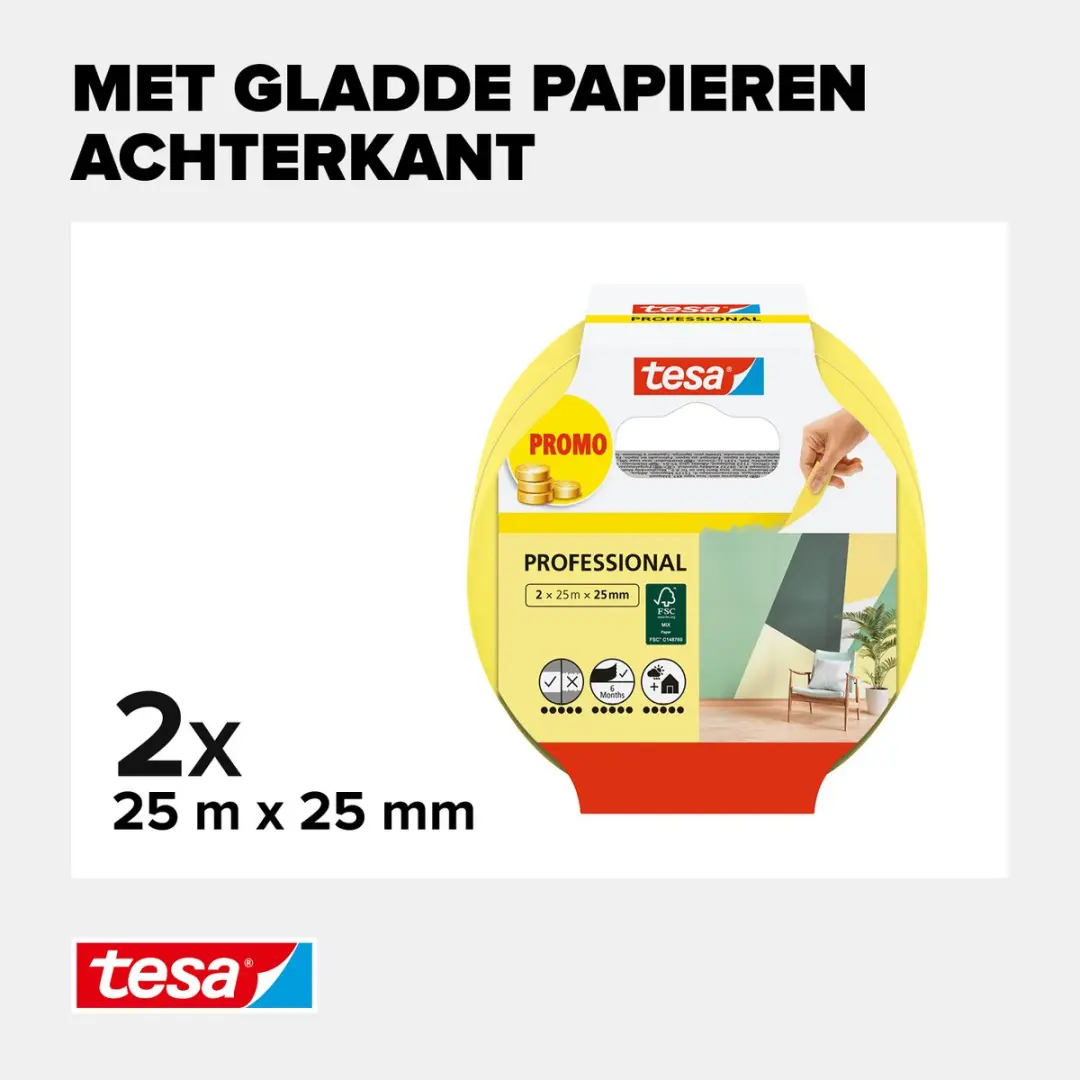 Tesa Professional Schilderstape Washi 2x25m 25mm - Geel/Transparant