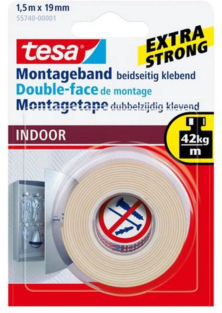 Tesa Montagetape Indoor 1,5m x 19mm - Wit