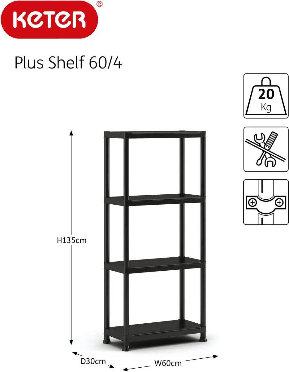 Keter Stellingkast Plus 60/4 - 2 Stuks - 4 Planken 60x30x135cm Zwart - afbeelding 6 van 6