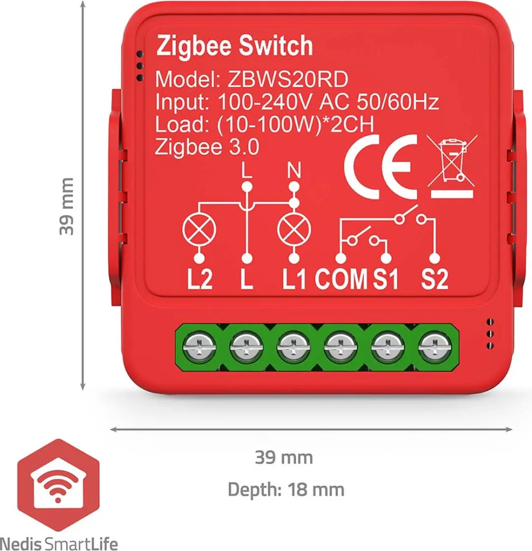 Nedis SmartLife ZBWS20RD Inbouwmodule - Dubbele Schakelaar 2x100W - Rood