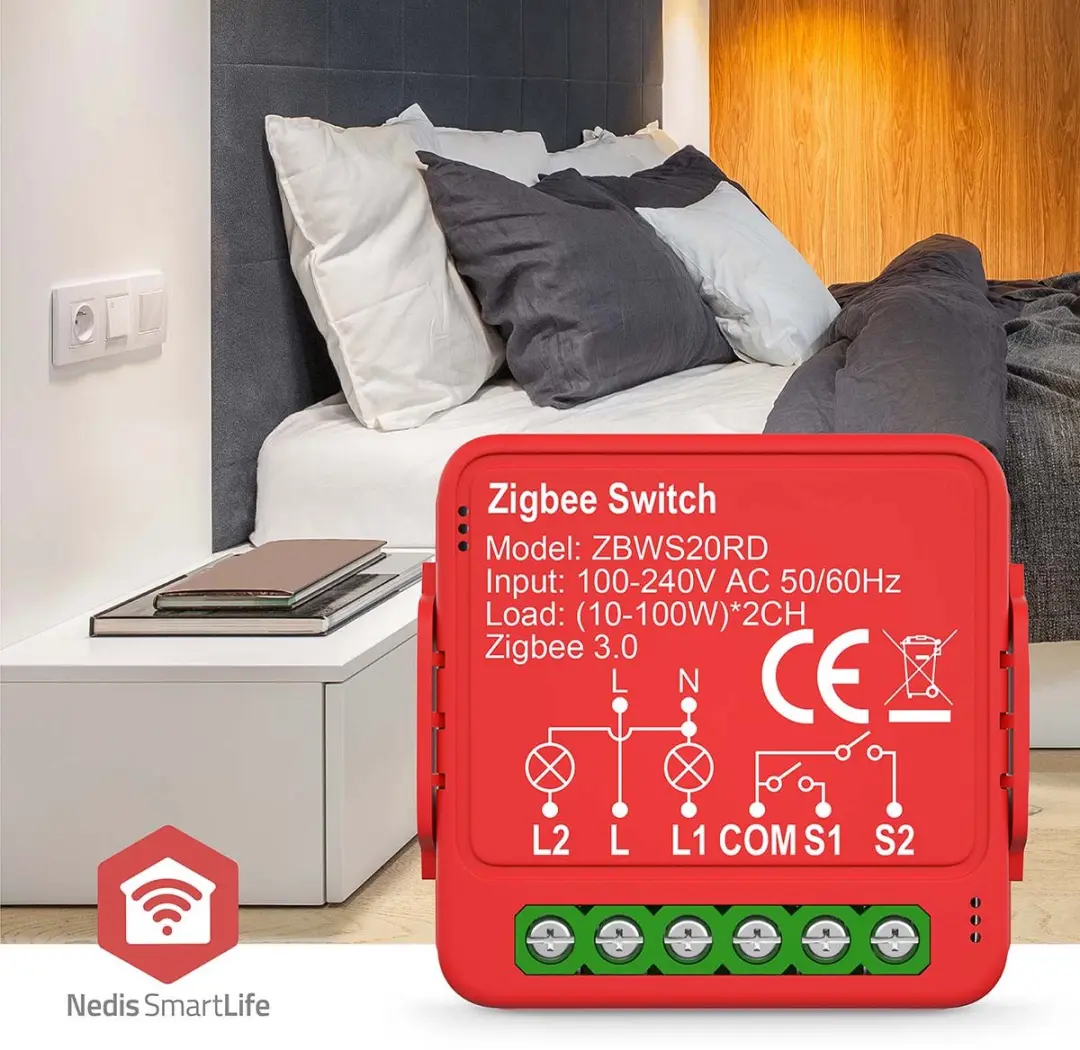Nedis SmartLife ZBWS20RD Inbouwmodule - Dubbele Schakelaar 2x100W - Rood