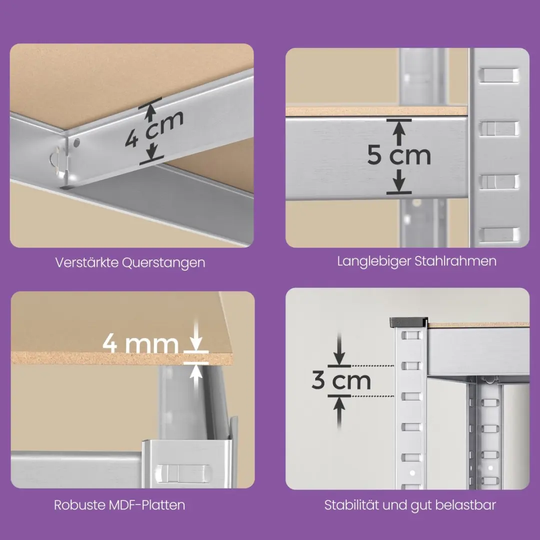 Songmics Stellingkast 150cm - 30x75x150cm - 130kg per plank - Zilver - afbeelding 3 van 5