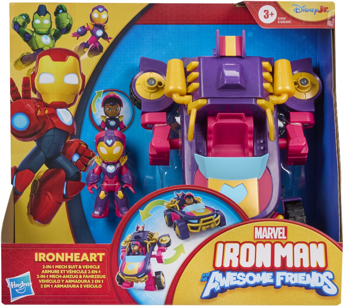 Marvel Iron Man and His Awesome Friends Ironheart, 2-in-1 mech-pak en voertuig, actiefiguur en speelgoedvoertuig