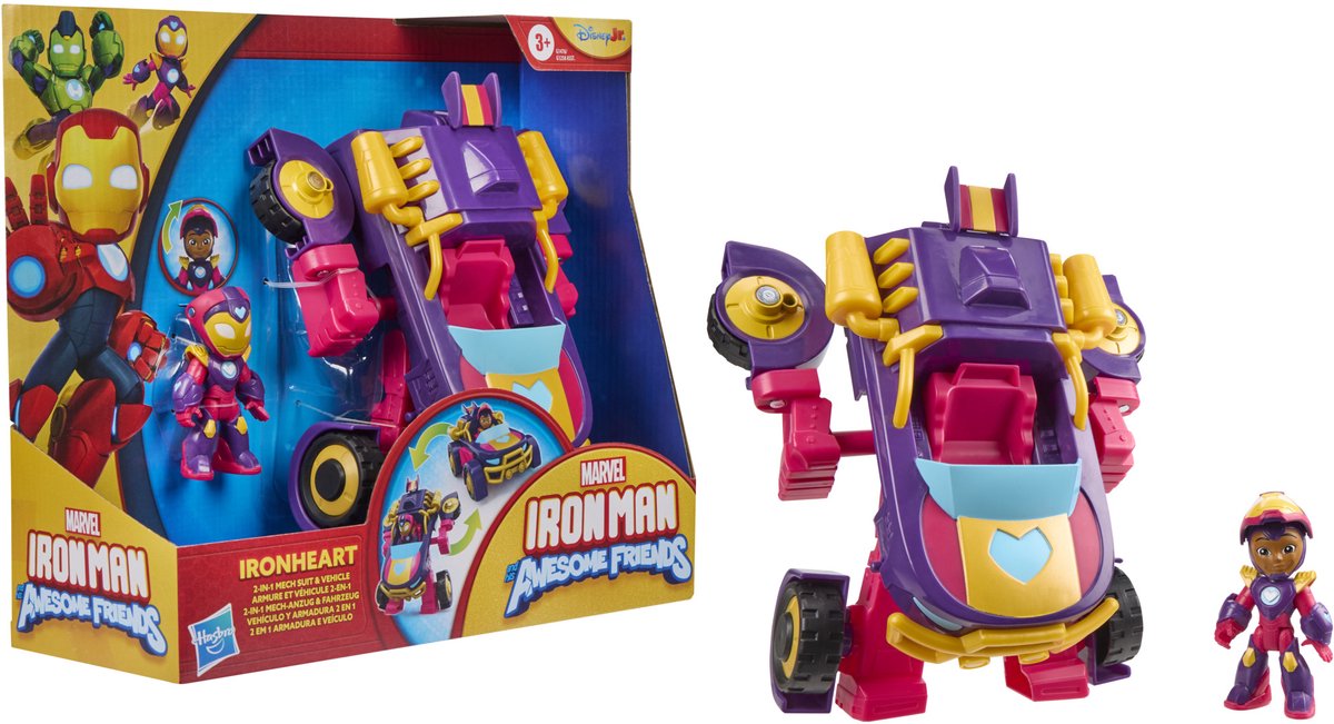 Marvel Iron Man and His Awesome Friends Ironheart, 2-in-1 mech-pak en voertuig, actiefiguur en speelgoedvoertuig