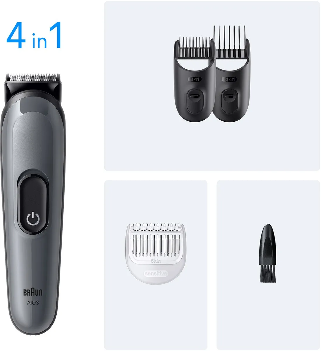 Braun AIO3500 Scheer-, knip- en trimapparaat - 4 accessoires - Zwart/Grijs