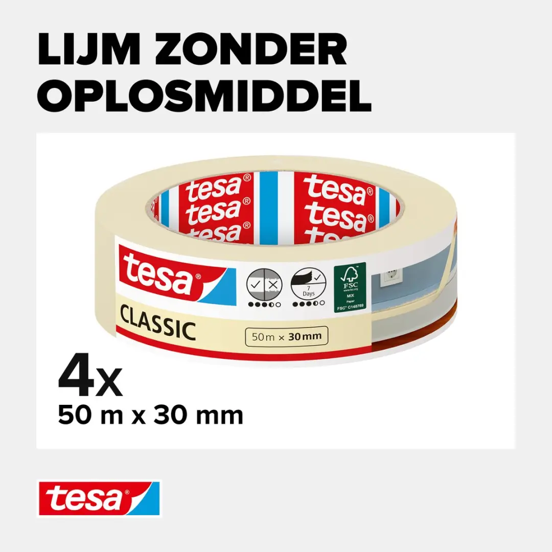 Tesa Classic Afplaktape 60m - 30mm - Rood - afbeelding 6 van 6