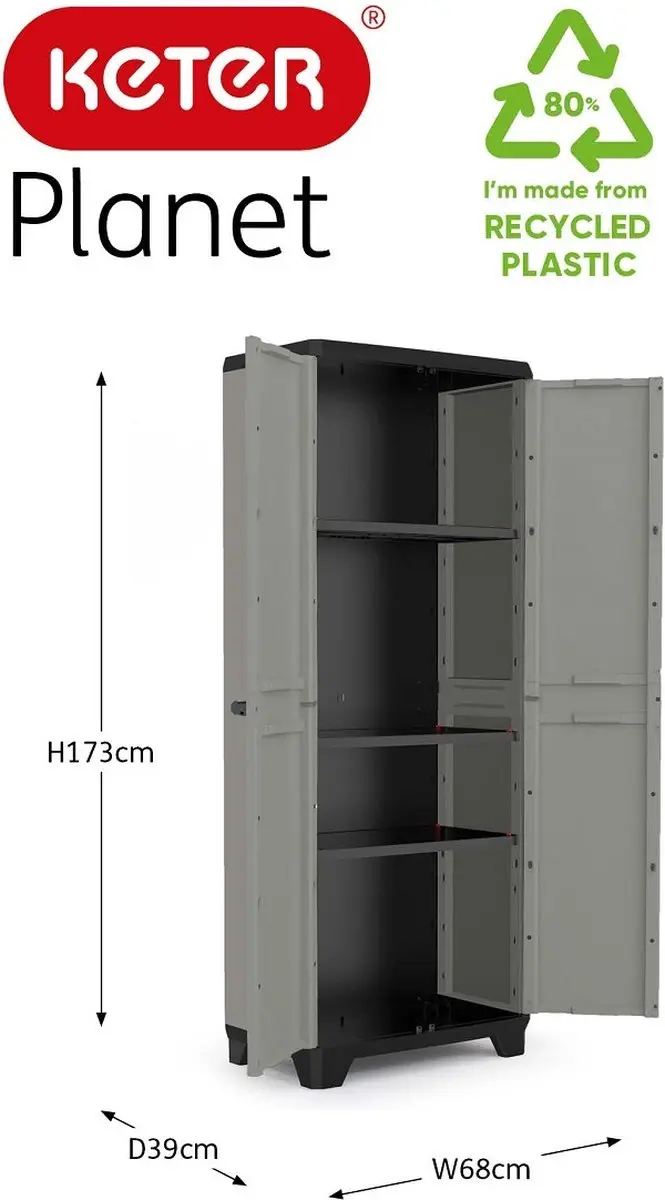 Keter Planet Hoge Kast 3 Planken 68x39x173cm Grijs/Zwart