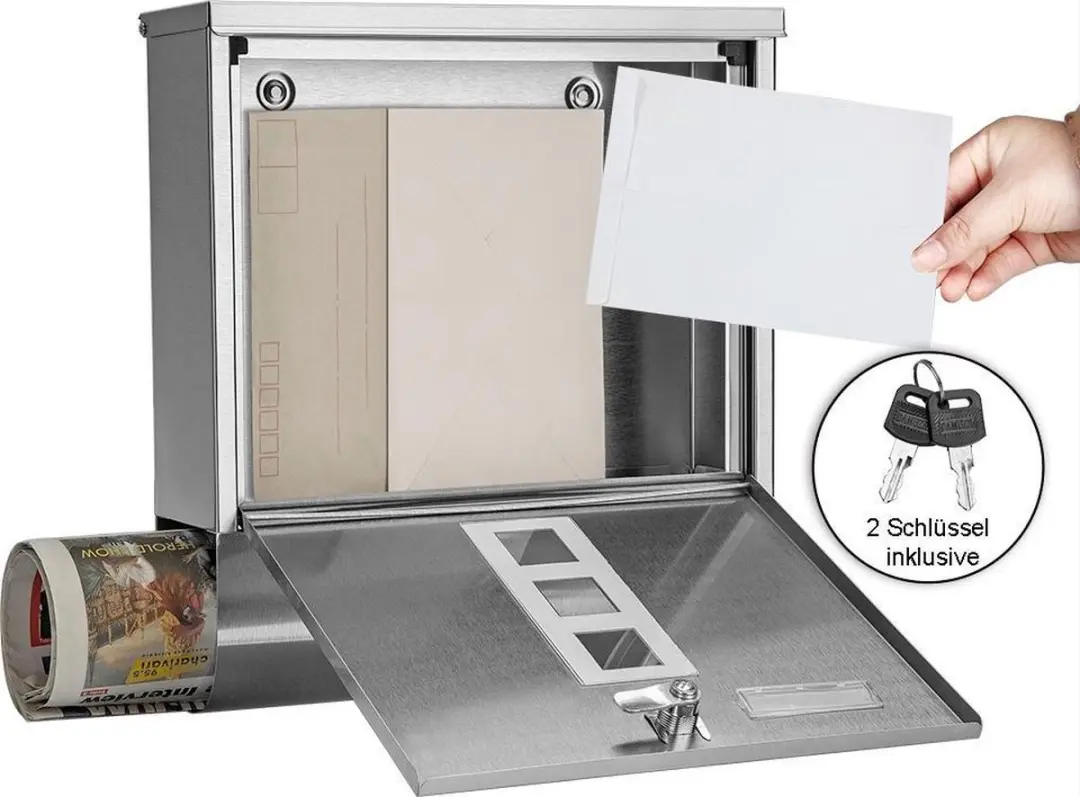 Monzana Design Brievenbus RVS - Krantenvak & 2 Sleutels - Zilver - afbeelding 6 van 6