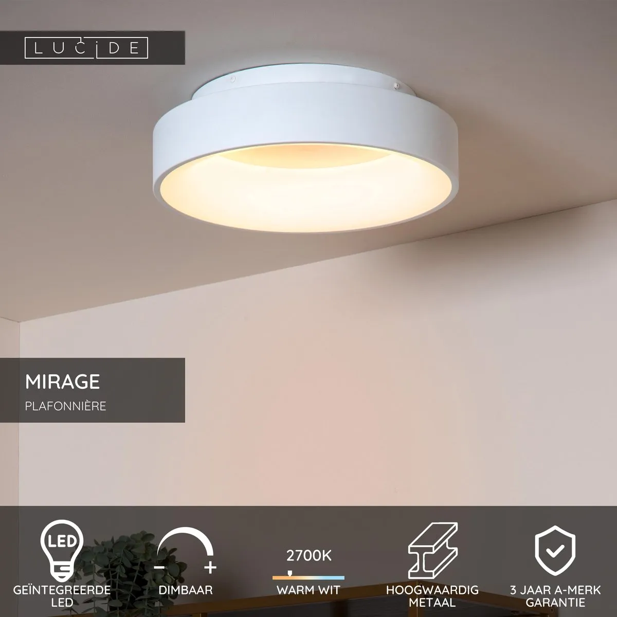Lucide Mirage Plafondlamp Ø38cm LED 22W 2700K - Wit