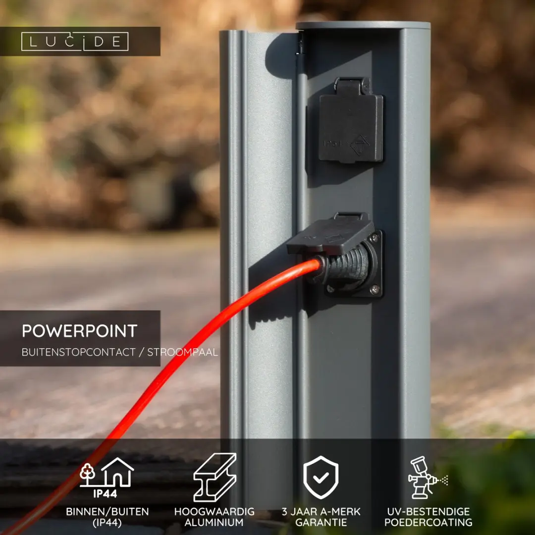Lucide Powerpoint Buitenstopcontact Zuil Antraciet - 2x Type F - IP44