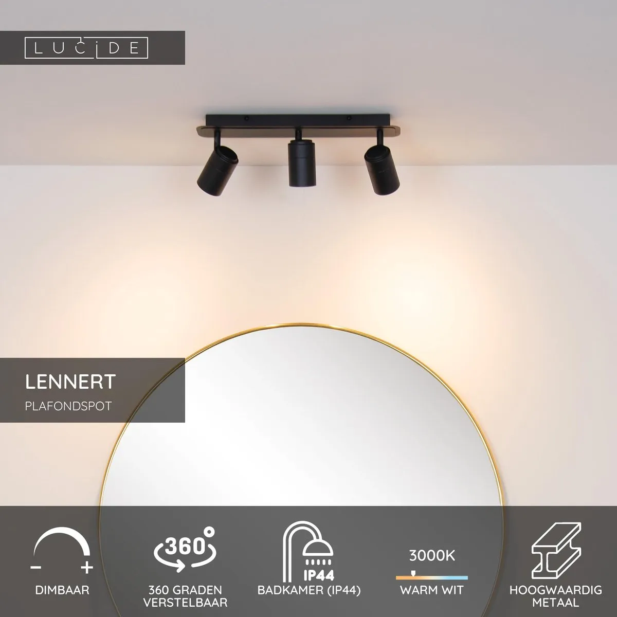 Lucide Lennert Plafondspot LED 3x5W 3000K - IP44 Zwart