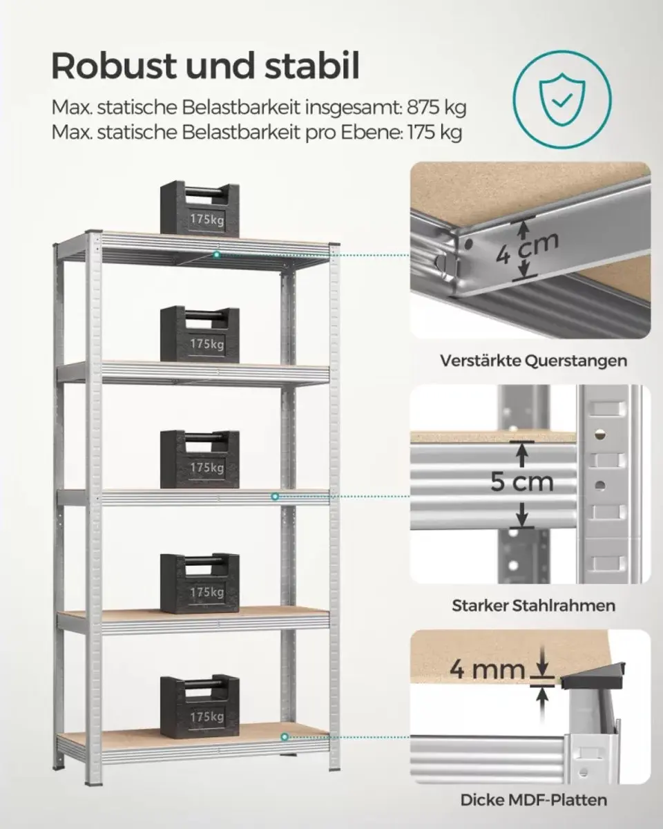 Songmics 5-laags Stellingkast GLR040E03 - 875 kg - 40x90x180cm - Zilver - afbeelding 4 van 6