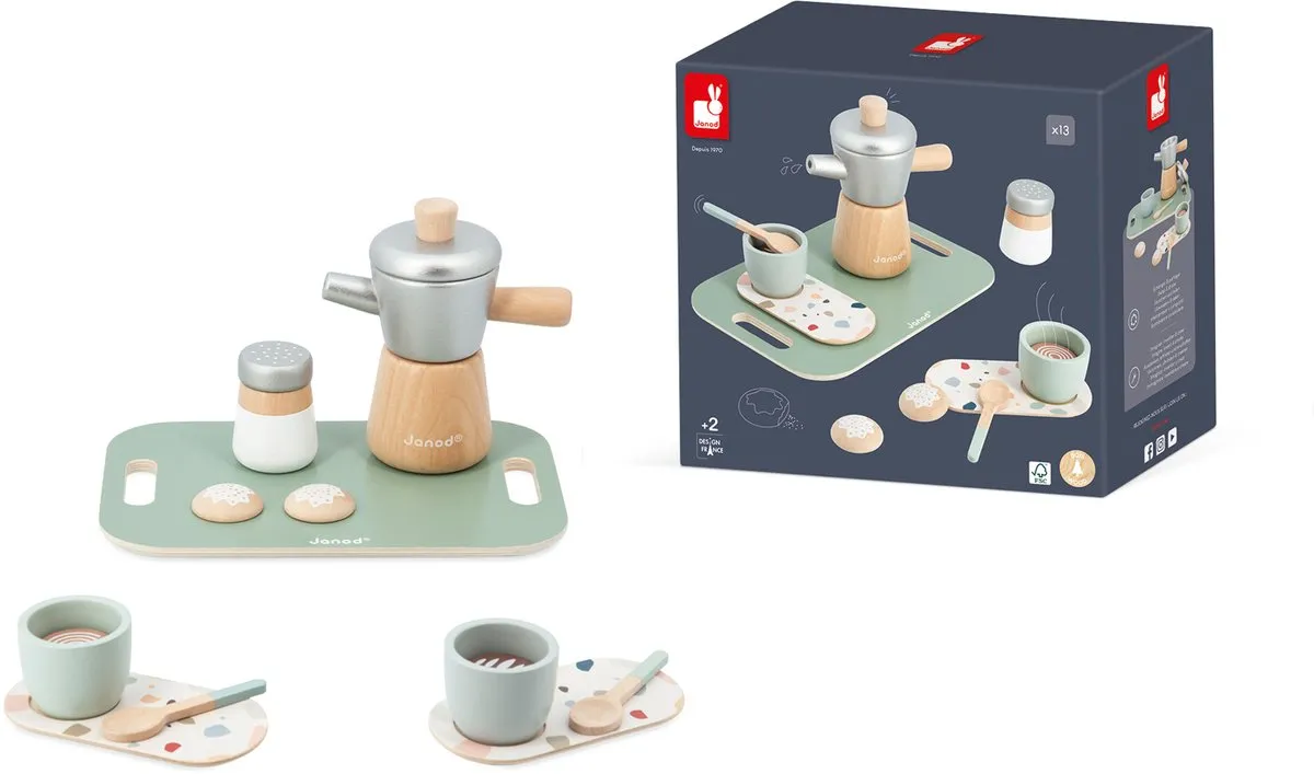 Janod In De Keuken Italiaanse Koffiemaker - 13-delige Houten Speelset - Multikleur - afbeelding 6 van 6