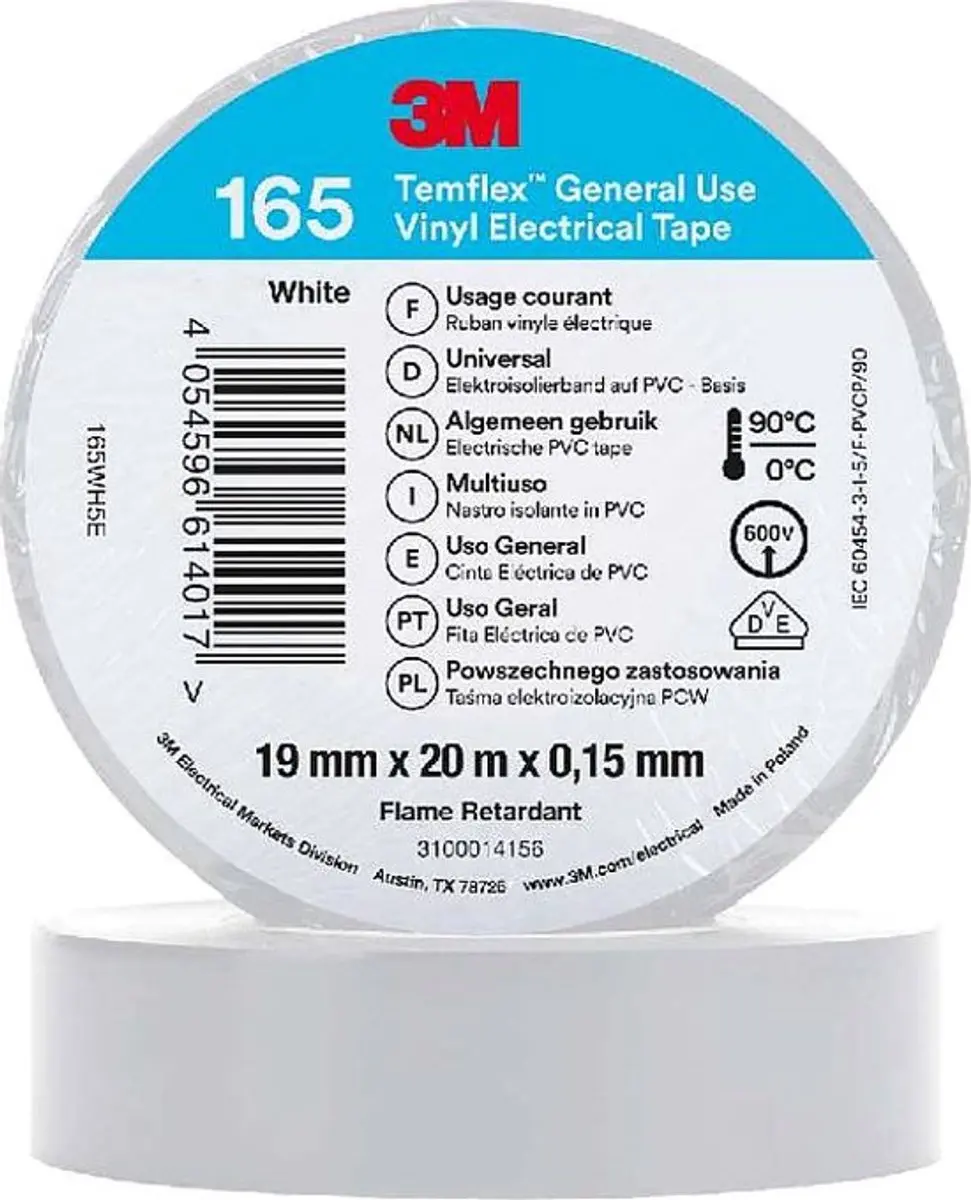 3M Temflex 1500 PVC Tape 20m x 19mm - Wit