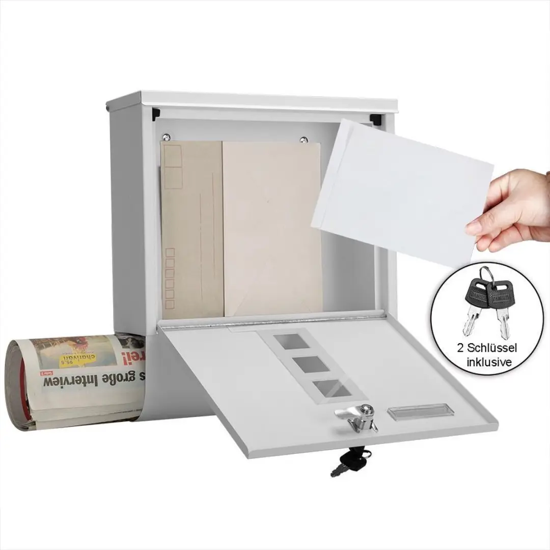 Monzana Design Brievenbus RVS - Krantenvak - 2 Sleutels - Wit