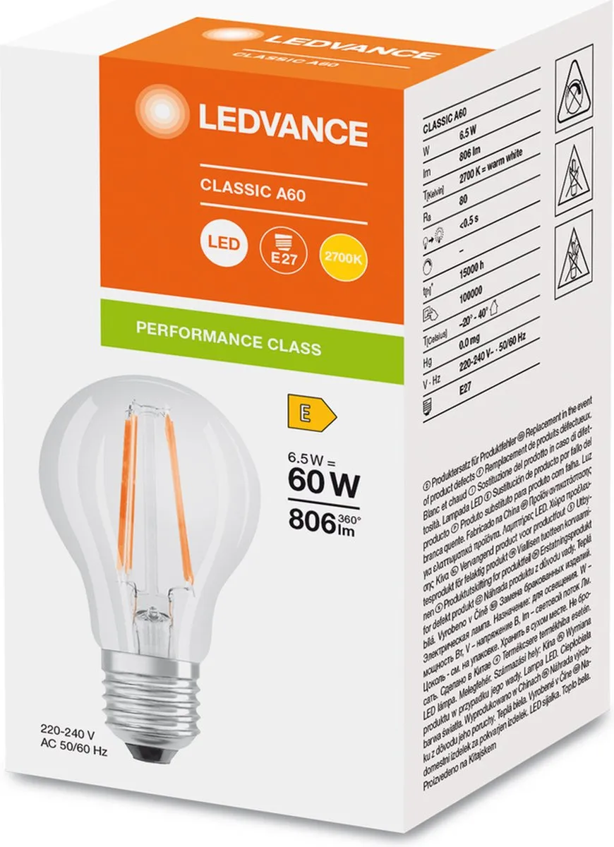 LEDVANCE LED Filament A60 E27 6.5W 806lm - Warm wit