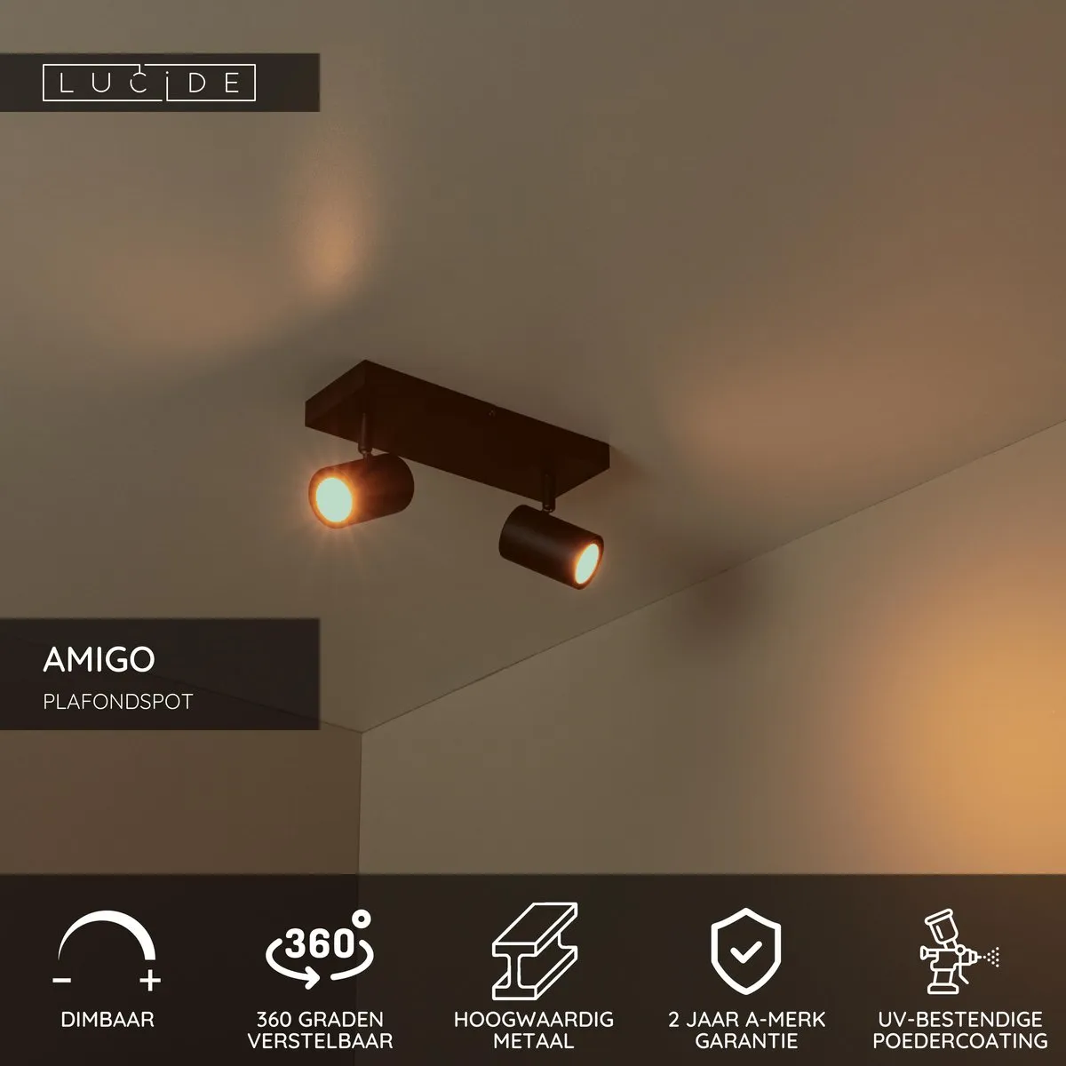 Lucide Amigo Plafondspot 2xGU10 - Zwart