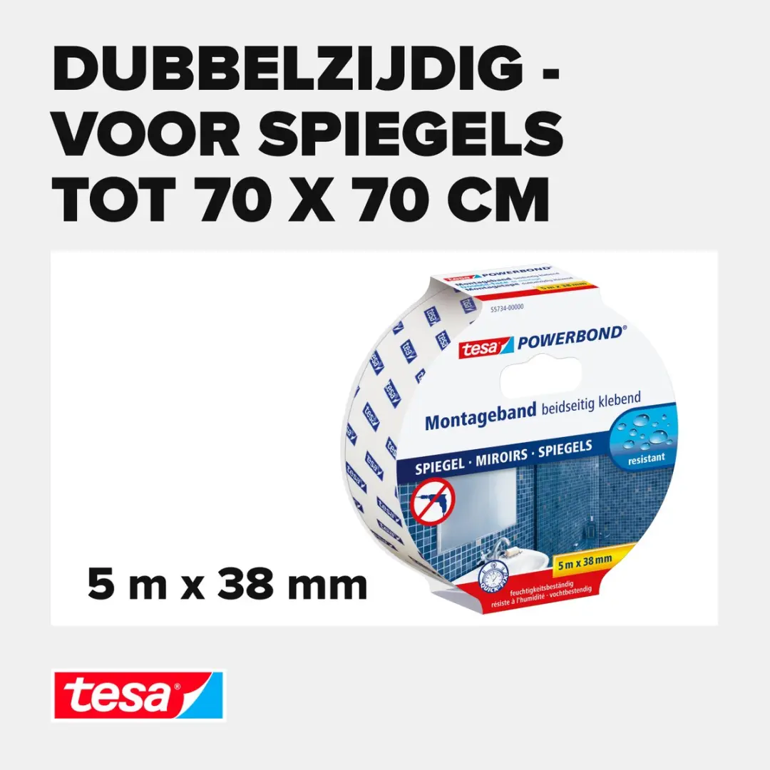 Tesa Powerbond Mirror Dubbelzijdige Montagetape 5m x 38mm - Transparant - afbeelding 6 van 6