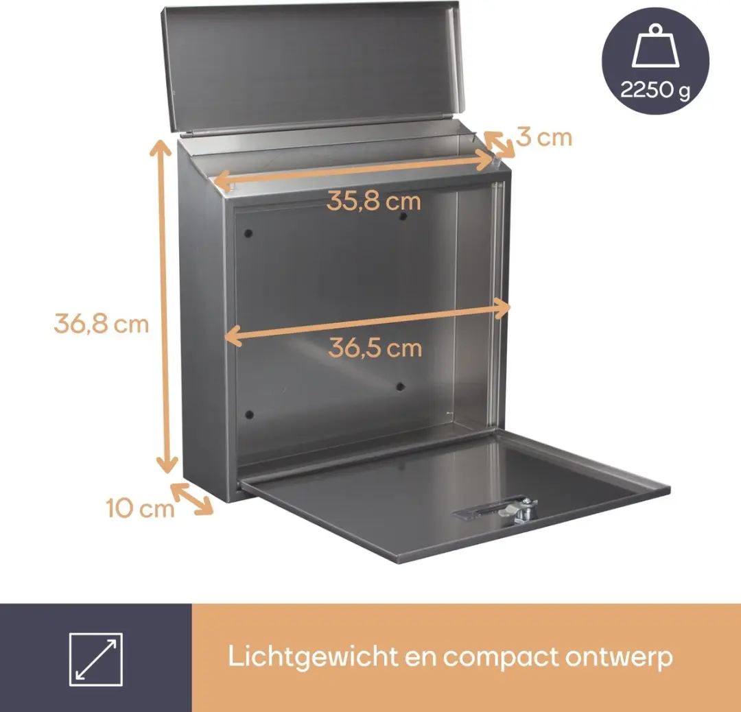 Perel Monaco Wandbriefkast Silbergrau - Edelstahl 36,8x36,5cm