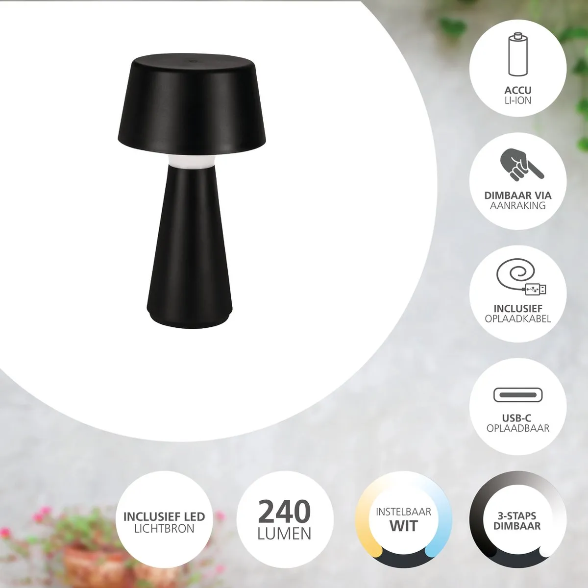 Eglo Scorrano Oplaadbare Tafellamp - 2234K - Zwart