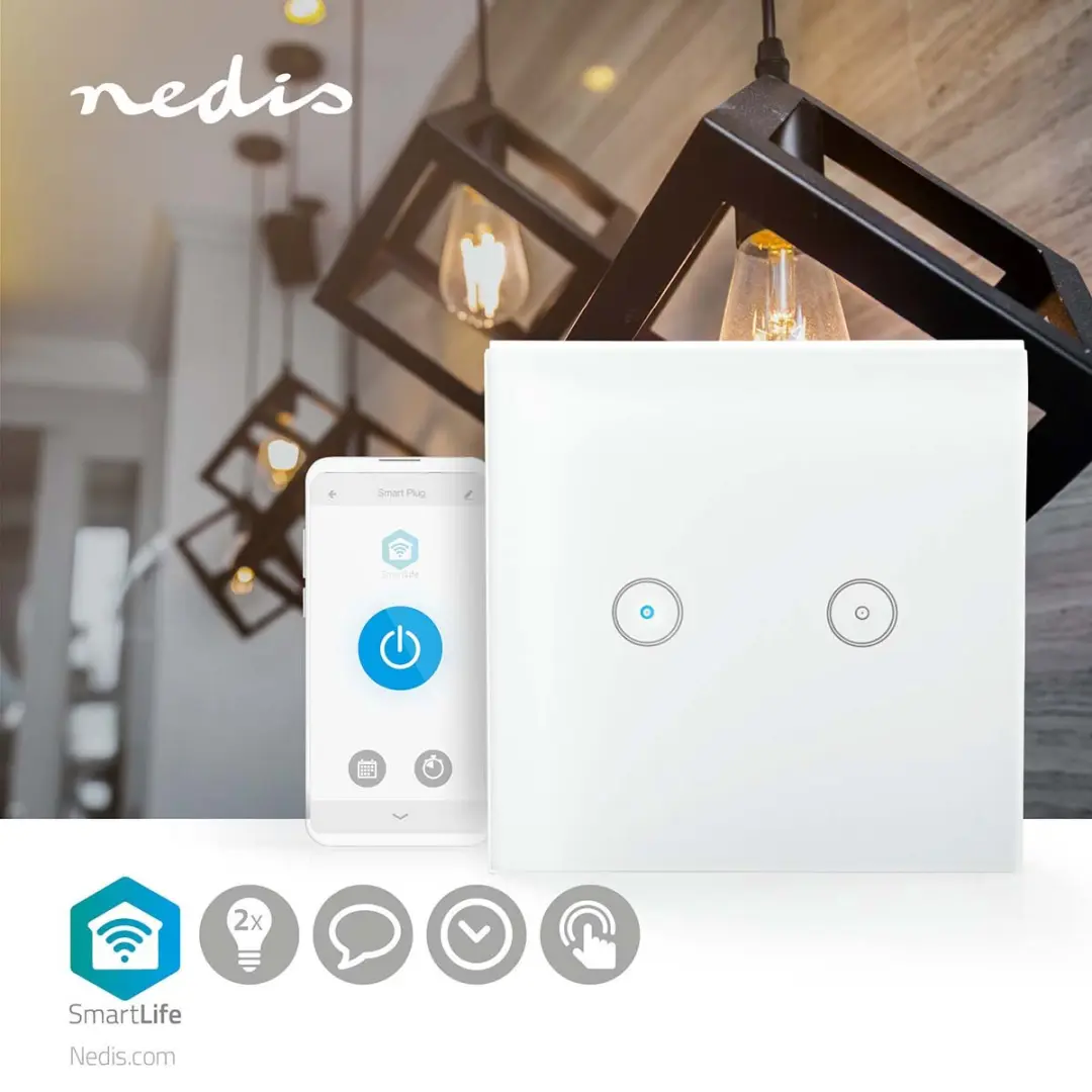 Nedis SmartLife WiFi Lichtschakelaar Dubbel 1000W - Glas - Wit
