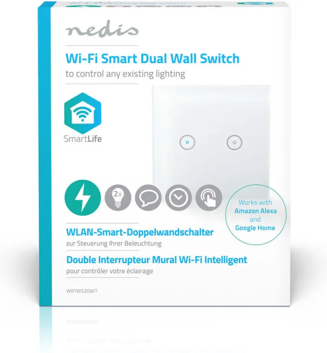 Nedis SmartLife WiFi Lichtschakelaar Dubbel 1000W - Glas - Wit