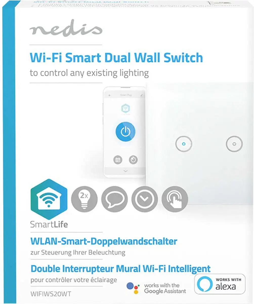 Nedis SmartLife WiFi Lichtschakelaar Dubbel 1000W - Glas - Wit