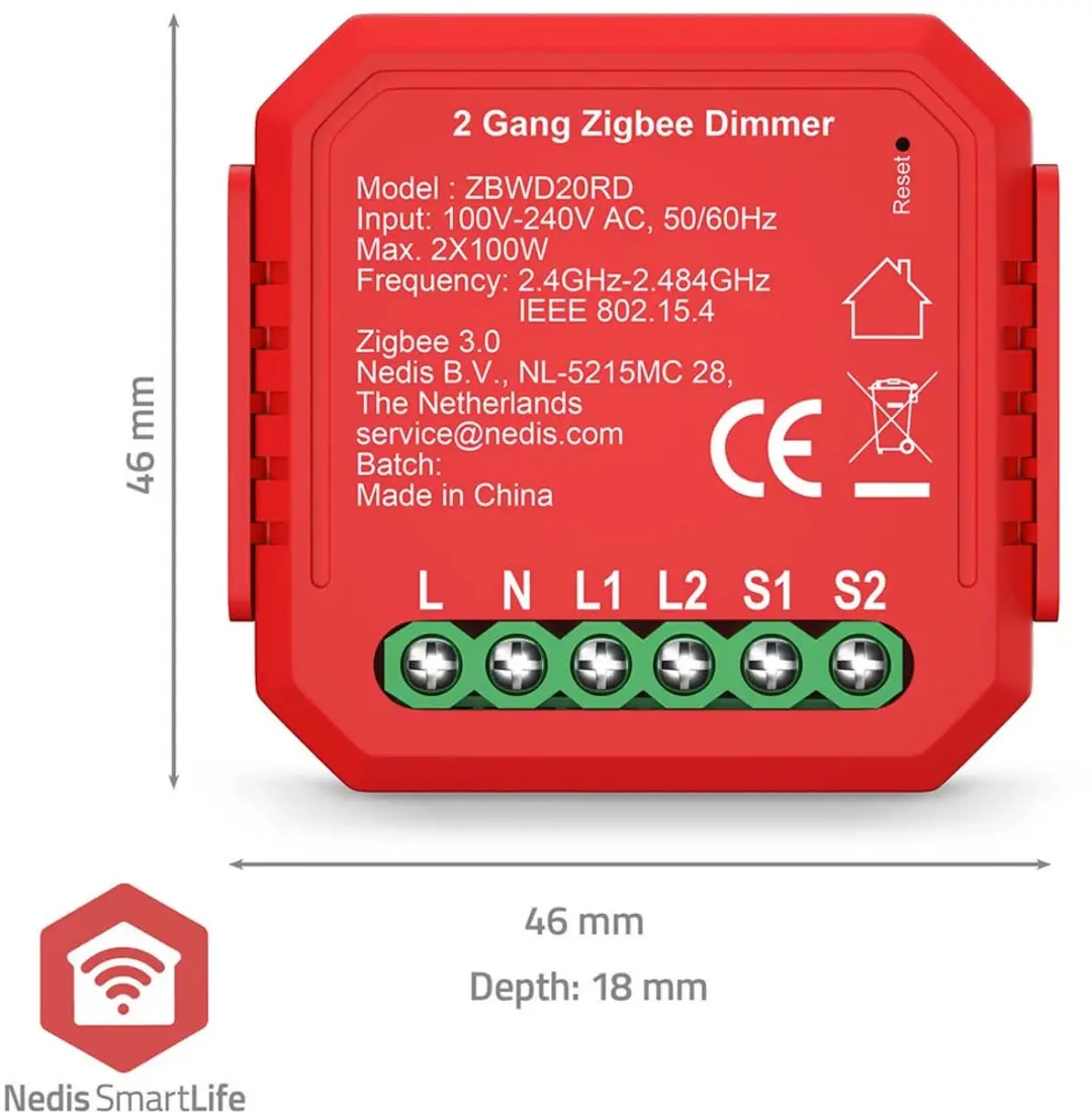 Nedis SmartLife ZBWD20RD Dubbele Triac Dimmer 2x100W - Rood - afbeelding 6 van 6