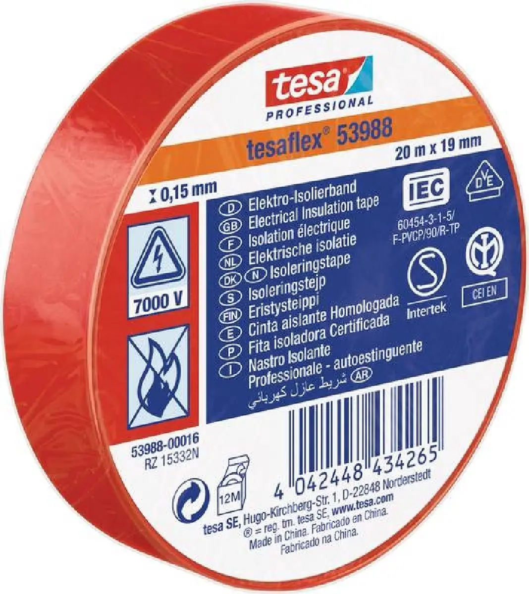 Tesa Isolatietape 19mm - 20m - Rood