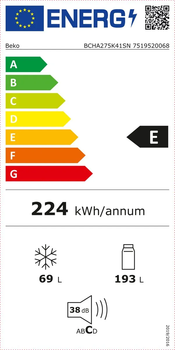 Beko BCHA275K41SN Inbouw Koel-vriescombinatie 275L