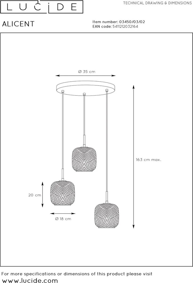 Lucide Alicent Hanglamp Ø35cm - 3xE27 Mat Goud/Messing