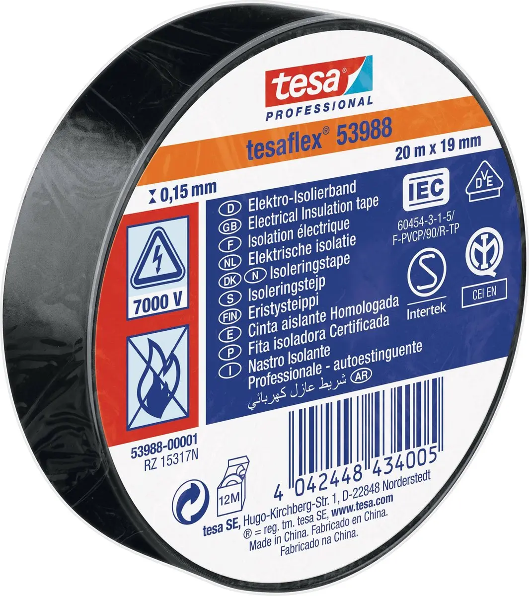 Tesa Isolatietape 19mm - 20m - Zwart
