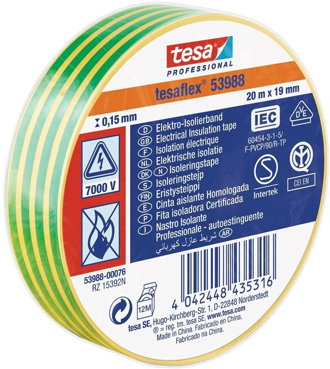 Tesa Isolatietape 19mm - 20m Groen/Geel