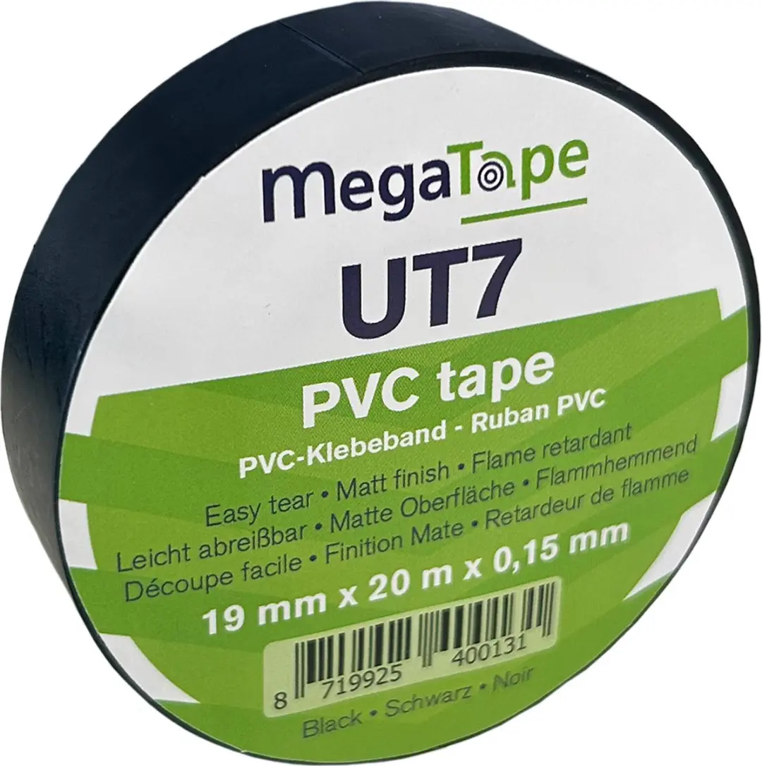 Kortpack Megatape UT7 PVC Isolatietape 19mm x 20m - 8 Rollen - Zwart - afbeelding 2 van 4
