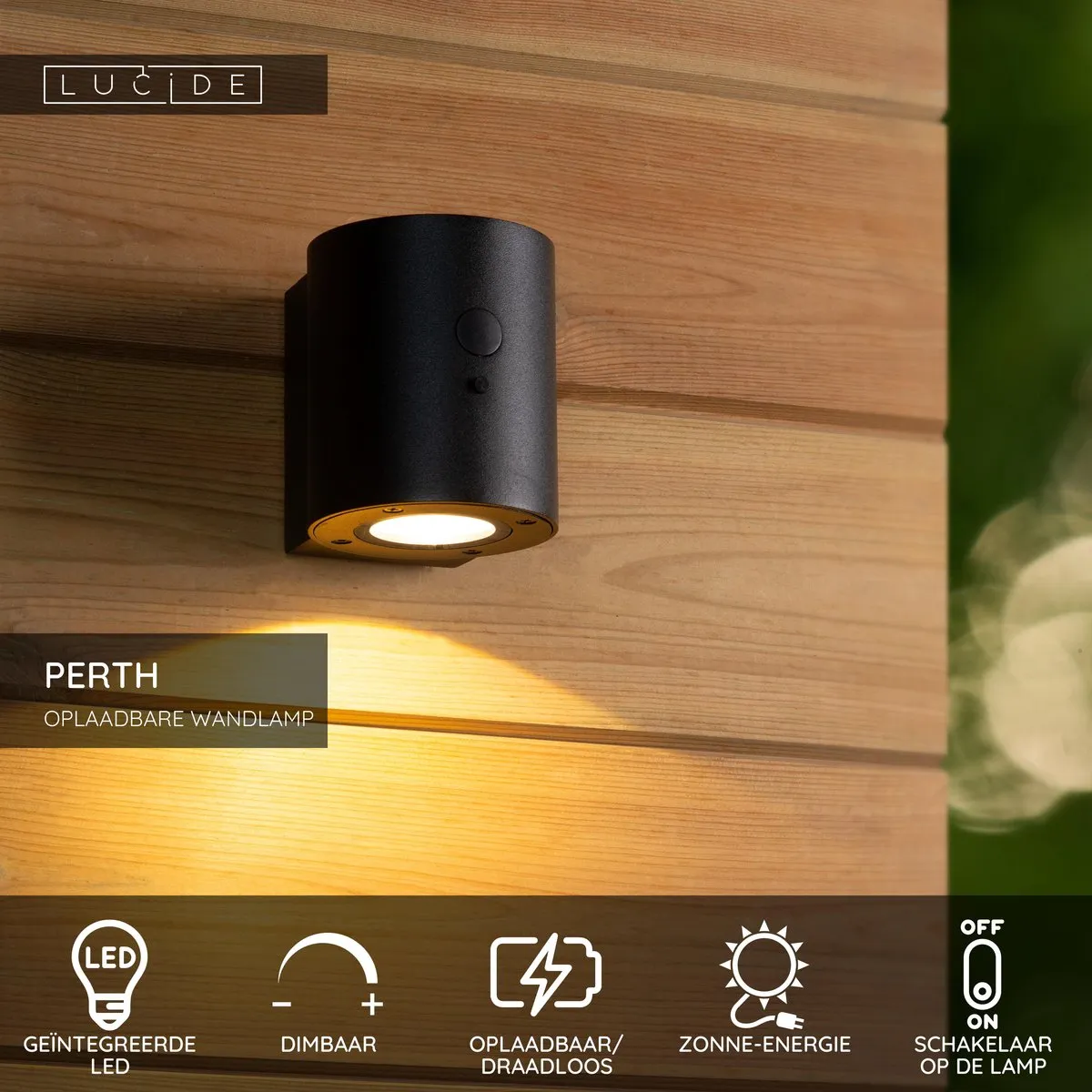 Lucide Perth Wandlamp Zonne-energie Ø9cm - Zwart