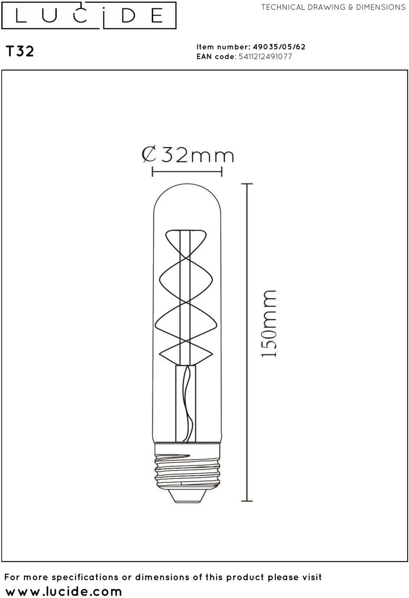Lucide T32 LED Filamentlamp E27 4,9W 2200K - Amber - afbeelding 6 van 6