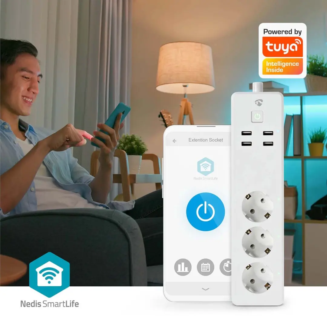 Nedis SmartLife Wi-Fi Stekkerdoos 16A - 3x Randaarde + 4x USB - 1,8m - Wit - afbeelding 6 van 6