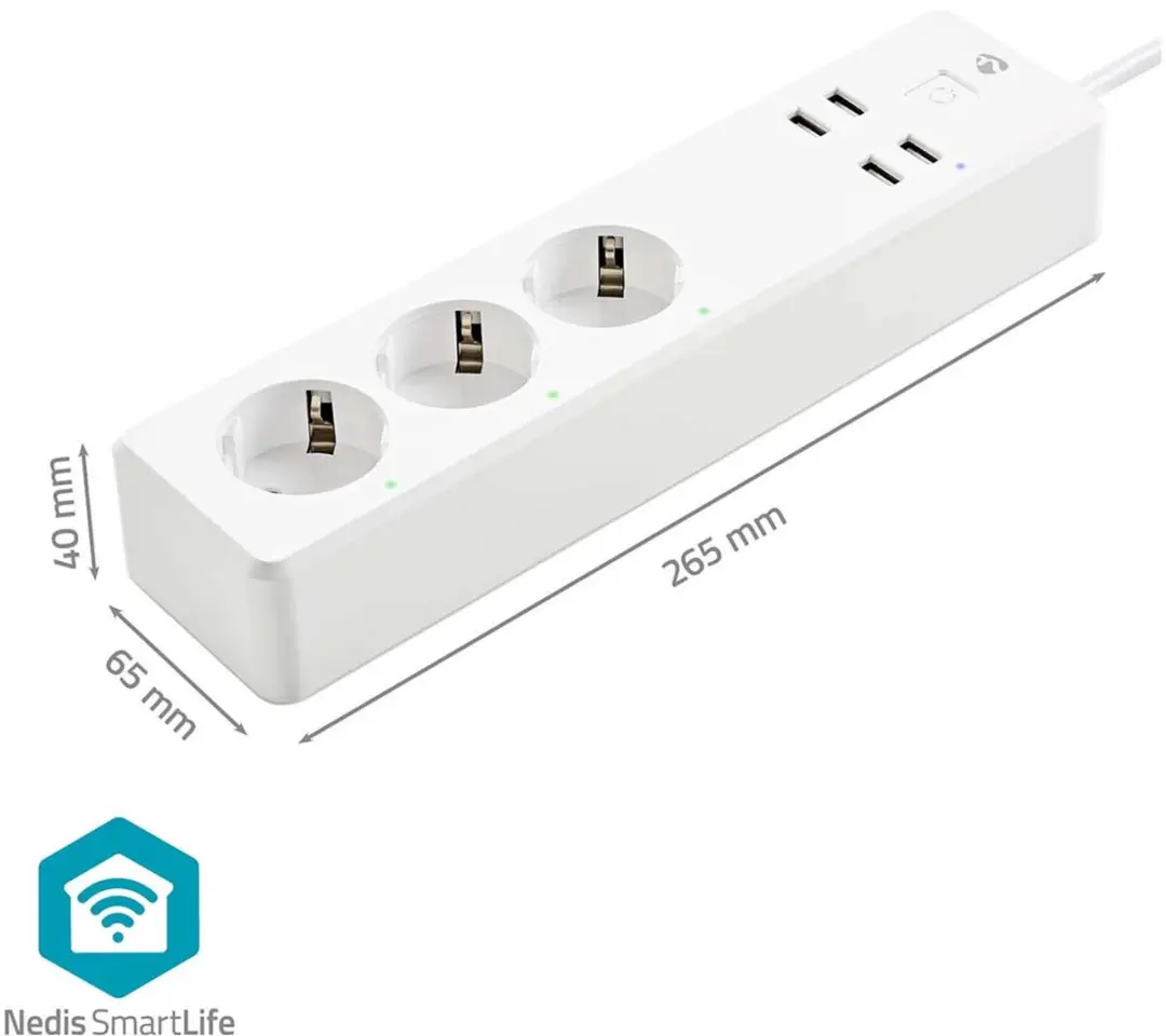 Nedis SmartLife Wi-Fi Stekkerdoos 16A - 3x Randaarde + 4x USB - 1,8m - Wit