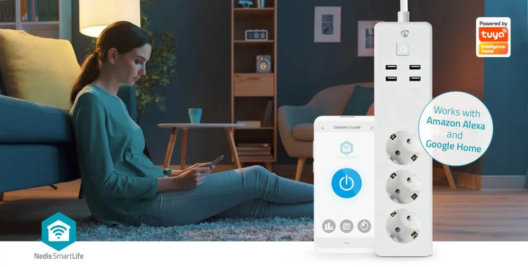 Nedis SmartLife Wi-Fi Stekkerdoos 16A - 3x Randaarde + 4x USB - 1,8m - Wit