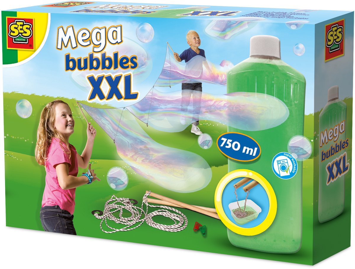 SES - Mega bubbles XXL - bellenblaas - met handige tool, paperclips en sterk zeepsop voor de leukste grote bellen