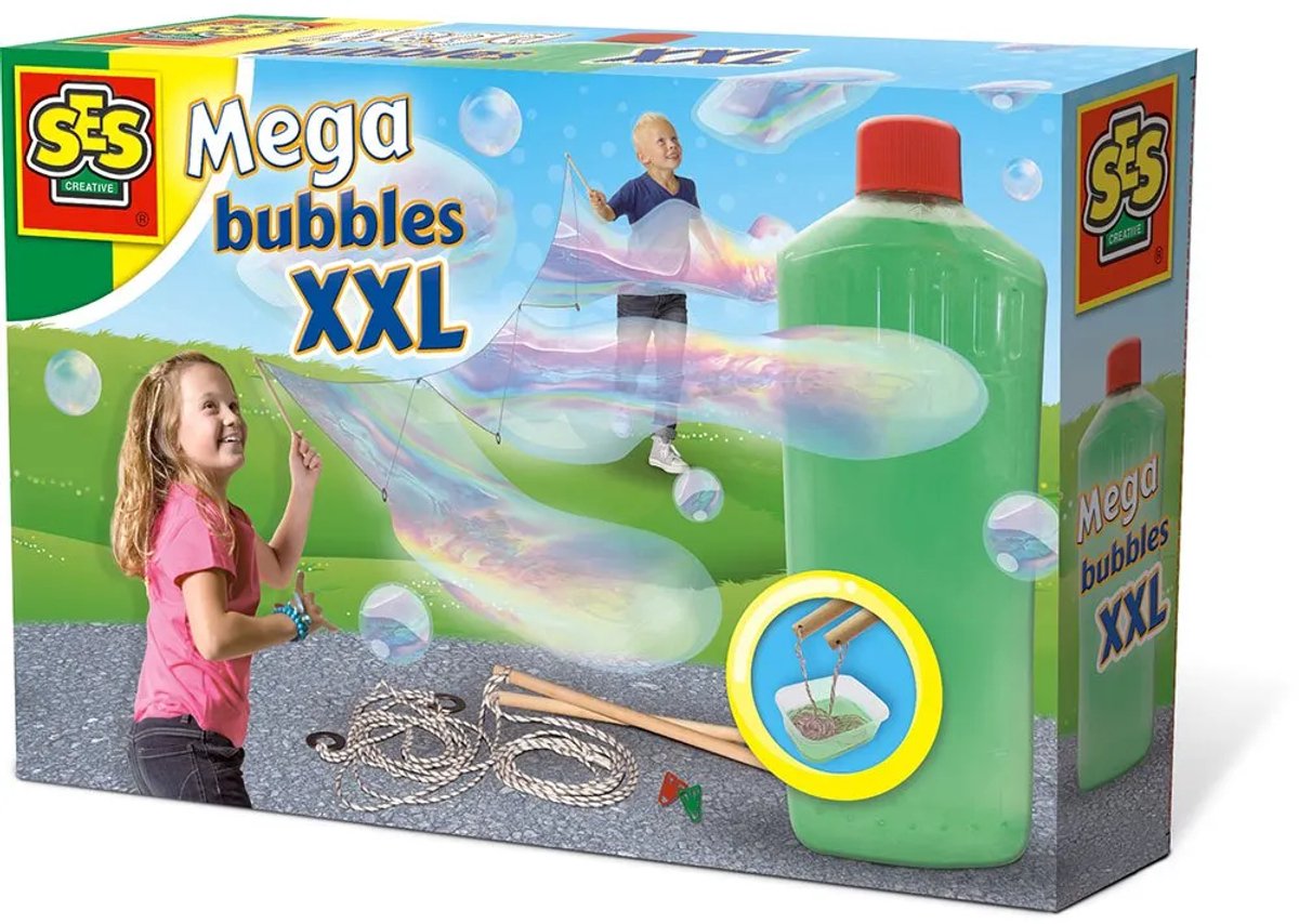 SES - Mega bubbles XXL - bellenblaas - met handige tool, paperclips en sterk zeepsop voor de leukste grote bellen