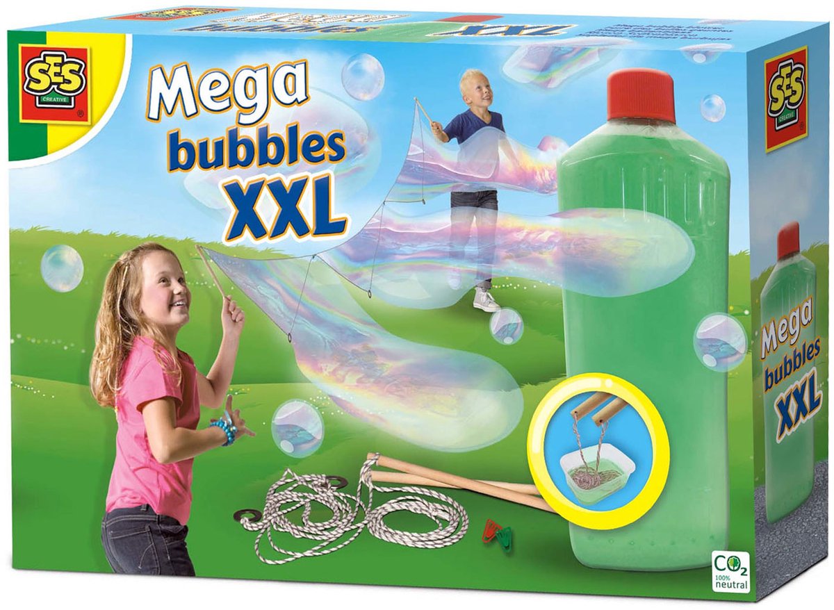 SES - Mega bubbles XXL - bellenblaas - met handige tool, paperclips en sterk zeepsop voor de leukste grote bellen