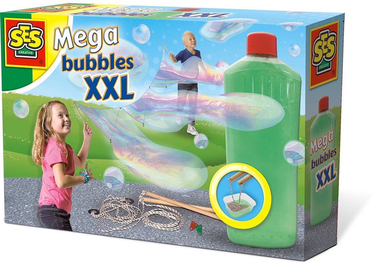 SES - Mega bubbles XXL - bellenblaas - met handige tool, paperclips en sterk zeepsop voor de leukste grote bellen