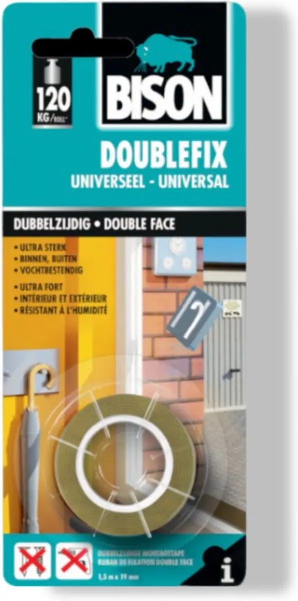 Bison Doublefix 1,5m x 19mm Dubbelzijdige Montagetape