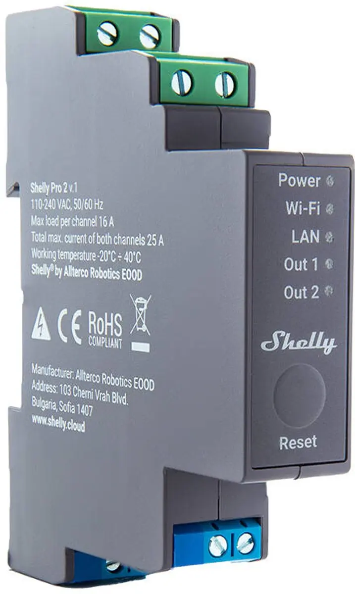 Shelly Pro 2 DIN-railrelais Bluetooth/WiFi