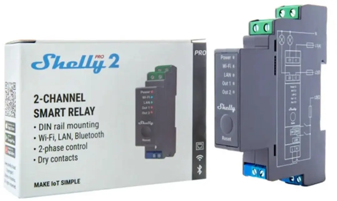 Shelly Pro 2 DIN-railrelais Bluetooth/WiFi